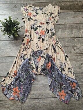 Angie Cream Floral Boho Handkerchief Hem Flowy Flutter Sleeve Maxi Dress, L